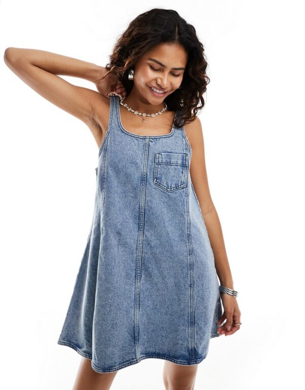 Noisy May denim pinafore dress in mid wash blue