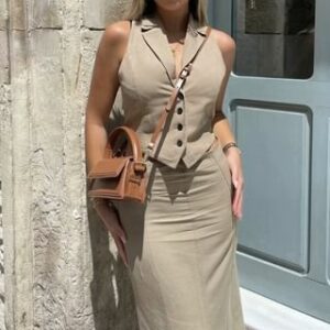 Notch Lapel Plain Button Vest / High Waist Midi Fishtail Skirt / Set