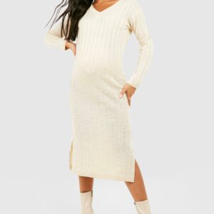 Womens Maternity V Neck Slouchy Knitted Midi Dress - Cream - 10, Cream