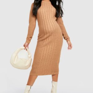 Womens Maternity Cable Knit Knitted Midi Dress - Beige - 12, Beige