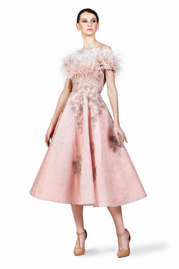 O'Blanc Feathered Embellished Tea Dress