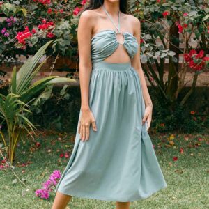 Oakleigh Green O-ring Halter Tea Length Dress