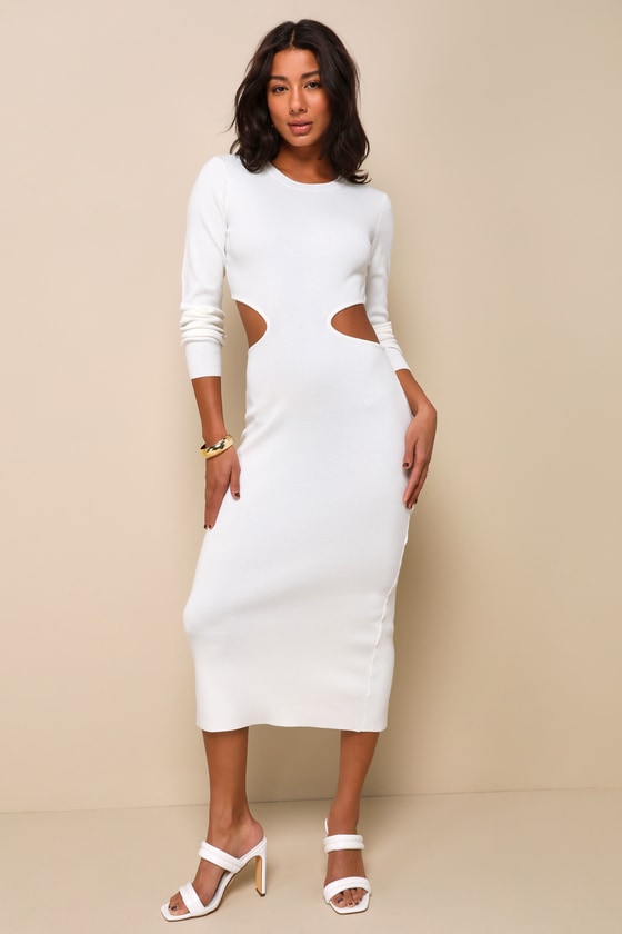 Oasis Bound Ivory Long Sleeve Cutout Sweater Midi Dress