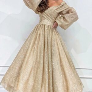 Off Shoulder Long Sleeves Tea Length Evening Dress Glitter Aline Formal Dress