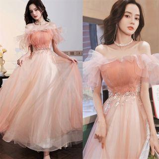 Off-Shoulder Mesh A-Line Evening Gown / Cocktail Dress Cocktail Dress - Peach - 2XL