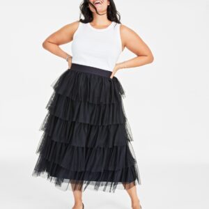 On 34th Plus Size Tulle Ruffle Midi Skirt, Created for Macy's - Deep Black