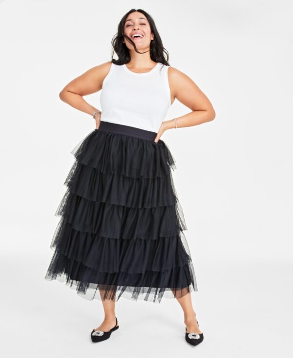 On 34th Plus Size Tulle Ruffle Midi Skirt, Created for Macy's - Deep Black