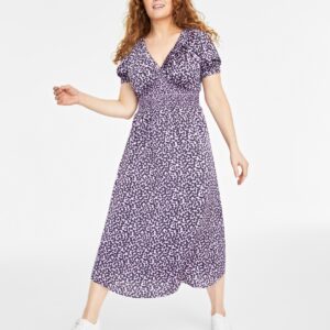 On 34th Women's Short-Sleeve Smock-Waist Midi Dress, Created for Macy's - Calla Lilac Combo