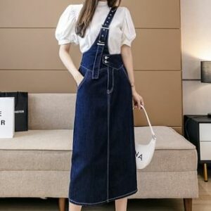 One Shoulder Washed Midi Sheath Denim Pinafore Dress