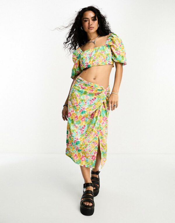 Only knot front sarong midi skirt in multi floral - part of a set