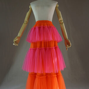 Orange Hot-pink Tiered Tulle Maxi Skirt Women Plus Size Tulle Maxi Skirt