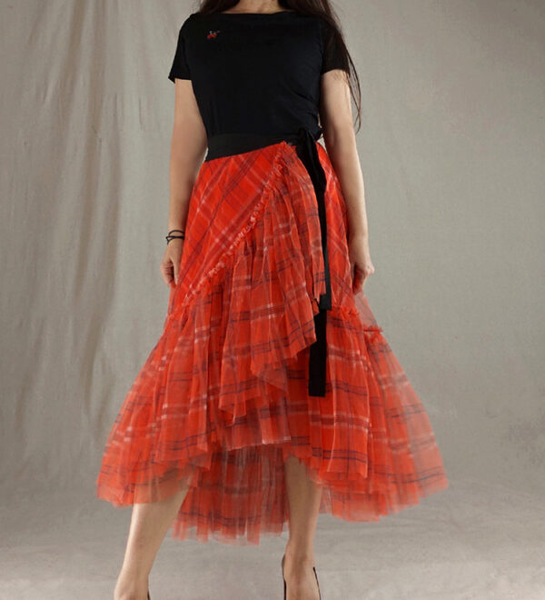 Orange Plaid Wrap Tulle Skirt Outfit Women Custom Plus Size Mermaid Tulle Skirt