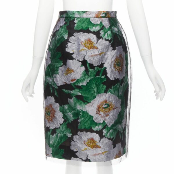 Oscar De La Renta 2020 Black Tulle Overlay Grey Green Floral Jacquard Skirt Us0 Xs, Women's (Size 26)