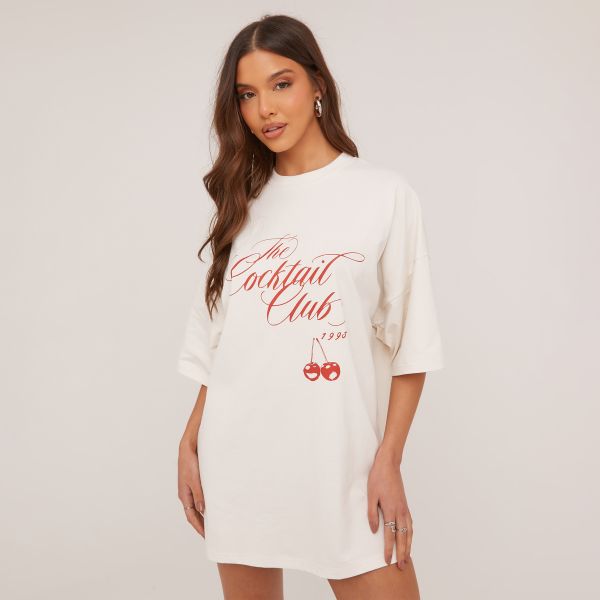 Oversized Cocktail Club Graphic Slogan Print T-Shirt Dress In Stone, Women's Size UK 8