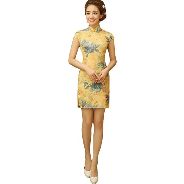 PS-CLO1045024-JACKY02094 Womens Chinese Flowers Pattern Cheongsam Qipao Dress, Yellow - Large