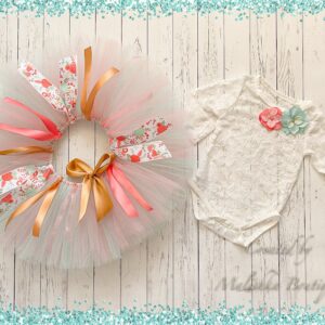 Pastel Cake Smash Floral Ribbon Tutu Lace Bodysuit Outfit Set, Tea Time Spring Gold Flower Photos Tulle Skirt, Half Birthday, Shower Gift