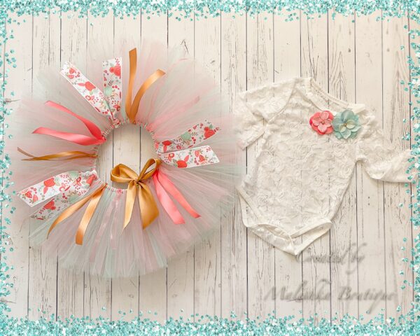 Pastel Cake Smash Floral Ribbon Tutu Lace Bodysuit Outfit Set, Tea Time Spring Gold Flower Photos Tulle Skirt, Half Birthday, Shower Gift