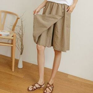 Patch-Pocket Wrap Linen Culottes Navy Blue - One Size