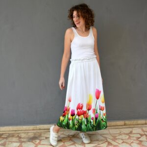 Peasant Floral Summer Skirt With Colorful Flower Tulip Print