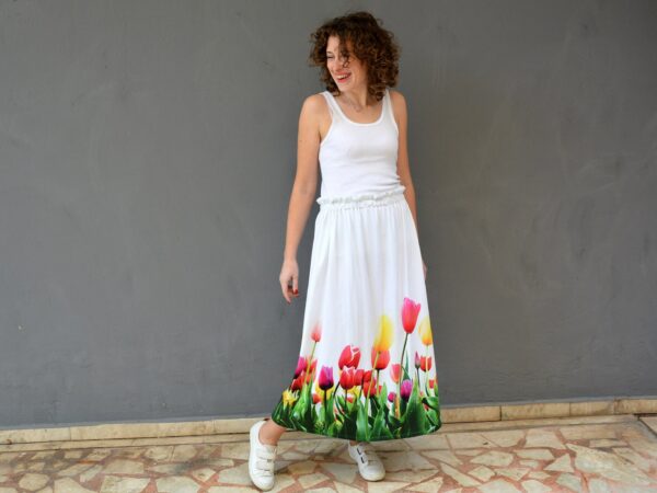 Peasant Floral Summer Skirt With Colorful Flower Tulip Print