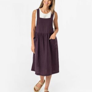 Pinafore linen dress ROATAN in Dark purple