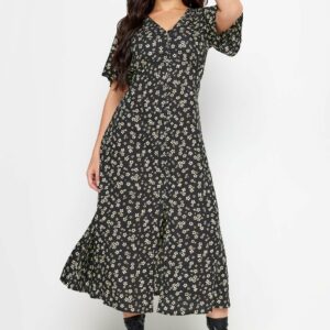 Pixiegirl Black Ditsy Floral Print Button Front Midi Tea Dress 6 Pixiegirl | Petite Women's Tea Dresses