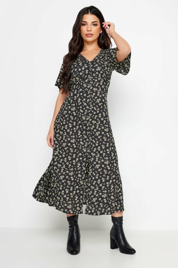 Pixiegirl Black Ditsy Floral Print Button Front Midi Tea Dress 6 Pixiegirl | Petite Women's Tea Dresses