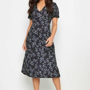 Pixiegirl Black Ditsy Floral Print Midi Tea Dress 10 Pixiegirl | Petite Women's Midi Dresses