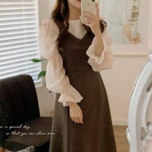 Plain Blouse / Midi A-Line Pinafore Dress