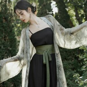 Plain Camisole Top / Elastic Waist Culottes / Leaf Print Hanfu Jacket / Belt / Set