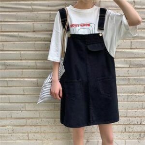 Plain Denim Wide Leg Overalls / Pocket Detail Mini Pinafore Dress