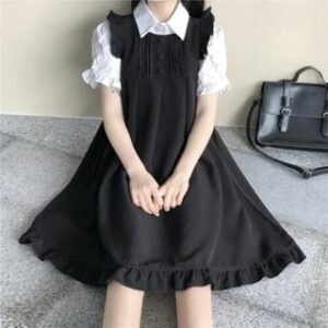 Plain Frill Trim A-Line Pinafore Dress / Short-Sleeve Shirt / Set