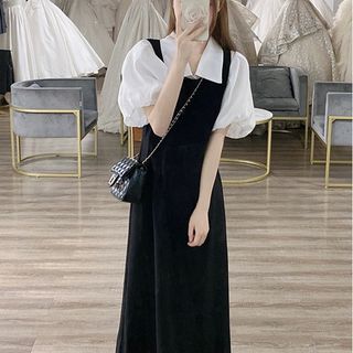 Plain Midi A-Line Pinafore Dress / Puff-Sleeve Blouse