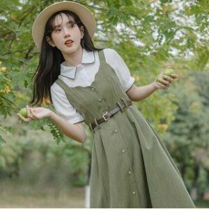 Plain Midi A-Line Pinafore Dress / Short-Sleeve Blouse Blouse - Almond - L