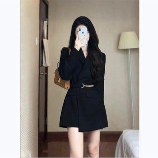 Plain Mini A-Line Blazer Dress / Long-Sleeve Peplum Tunic Shirt Blazer - Black - XL