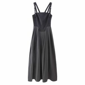 Pleated Panel Slit Maxi A-Line Pinafore Dress