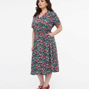 Plus Size 1930S Black & Multicolor Floral Print Tea Party Midi Dress