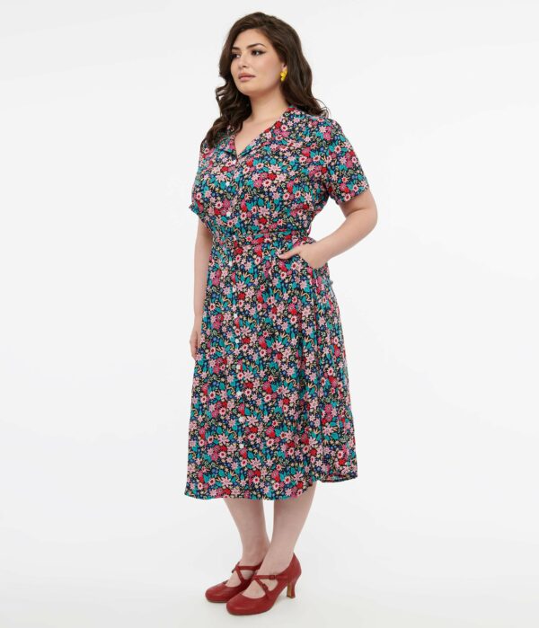 Plus Size 1930S Black & Multicolor Floral Print Tea Party Midi Dress