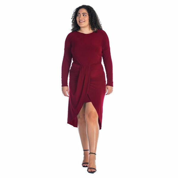 Plus Size 24Seven Comfort Apparel Long Sleeve Tulip Skirt Knee Length Dress, Women's, Size: 1XL, Red