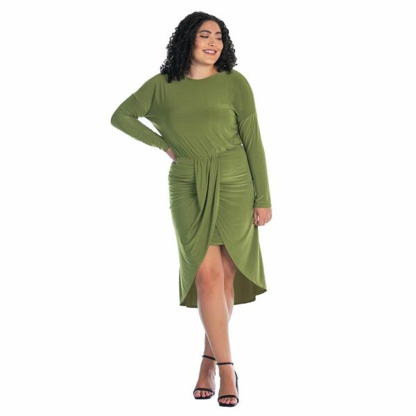 Plus Size 24Seven Comfort Apparel Long Sleeve Tulip Skirt Knee Length Dress, Women's, Size: 2XL, Avocado