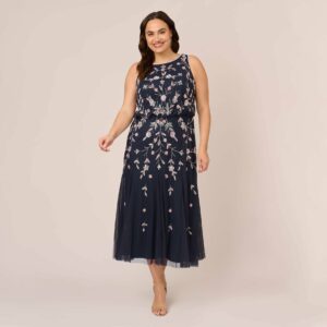 Plus Size Floral Beaded Blouson Tea Length Dress In Navy Blush