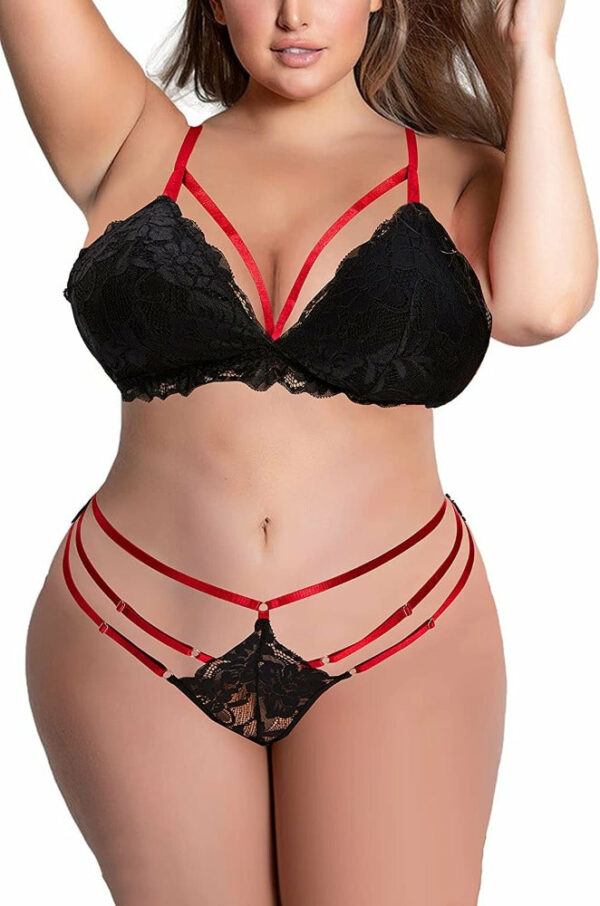 Plus Size Lingerie Set, Strappy Bralette Harness Panty Lace