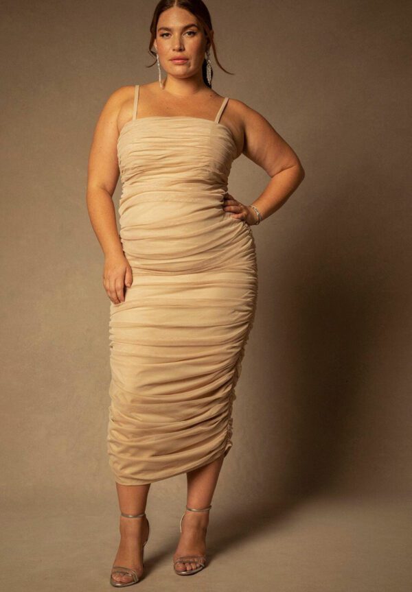 Plus Size Women's Bridal by ELOQUII Ruched Tea Length Dress in Champagne (Size 24)