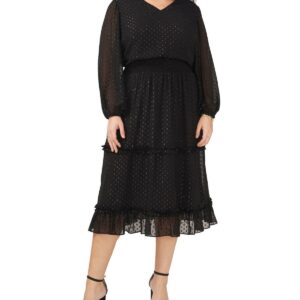 Plus Womens V-Neck Tea Midi Dress