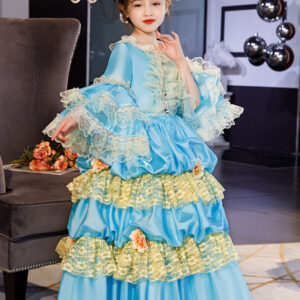 Polyester Fiber Tea Party Ruffles 3/4 Length Sleeves Polyester Dress ROCOCO Style Blue Kids' Lolita Dresses