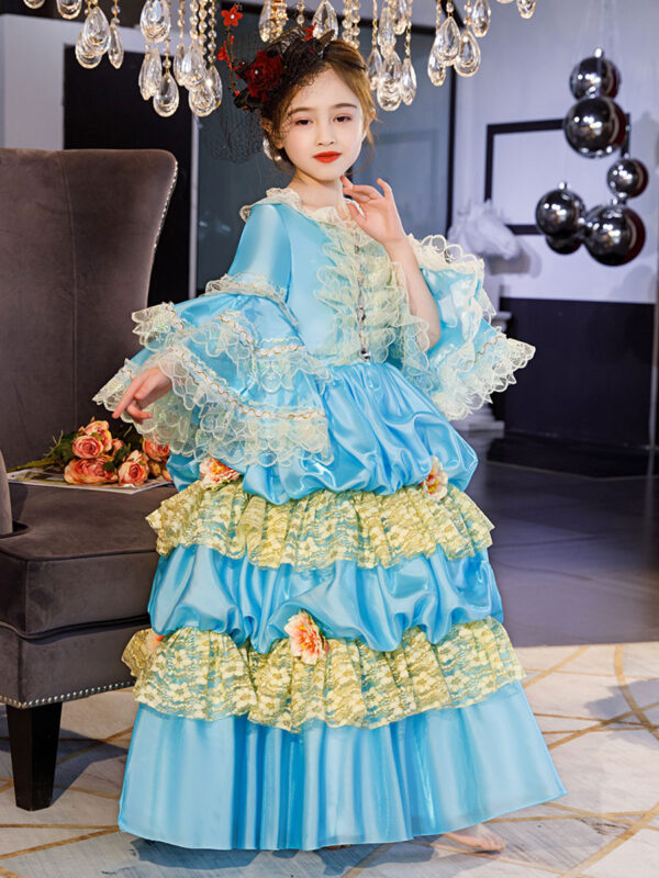 Polyester Fiber Tea Party Ruffles 3/4 Length Sleeves Polyester Dress ROCOCO Style Blue Kids' Lolita Dresses