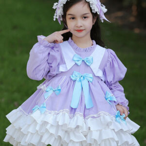 Polyester Tea Party Bows Long Sleeves Cotton Fall Dress Sweet Lavender Kids' Lolita Dresses