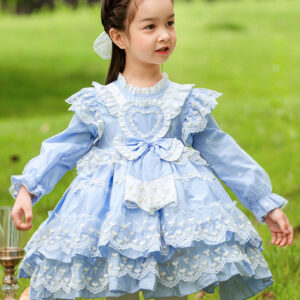 Polyester Tea Party Lace Long Sleeves Cotton Summer Dress Hearts Pattern ROCOCO Style Light Sky Blue Kids' Lolita Dresses