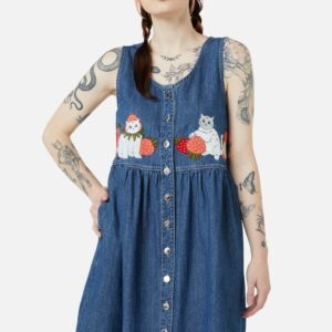 Princess Highway Berry Kitty Denim Pinafore Dress in Blue, Size 8