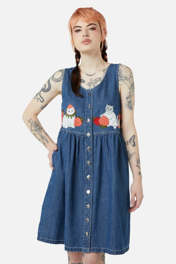 Princess Highway Berry Kitty Denim Pinafore Dress in Blue, Size 8